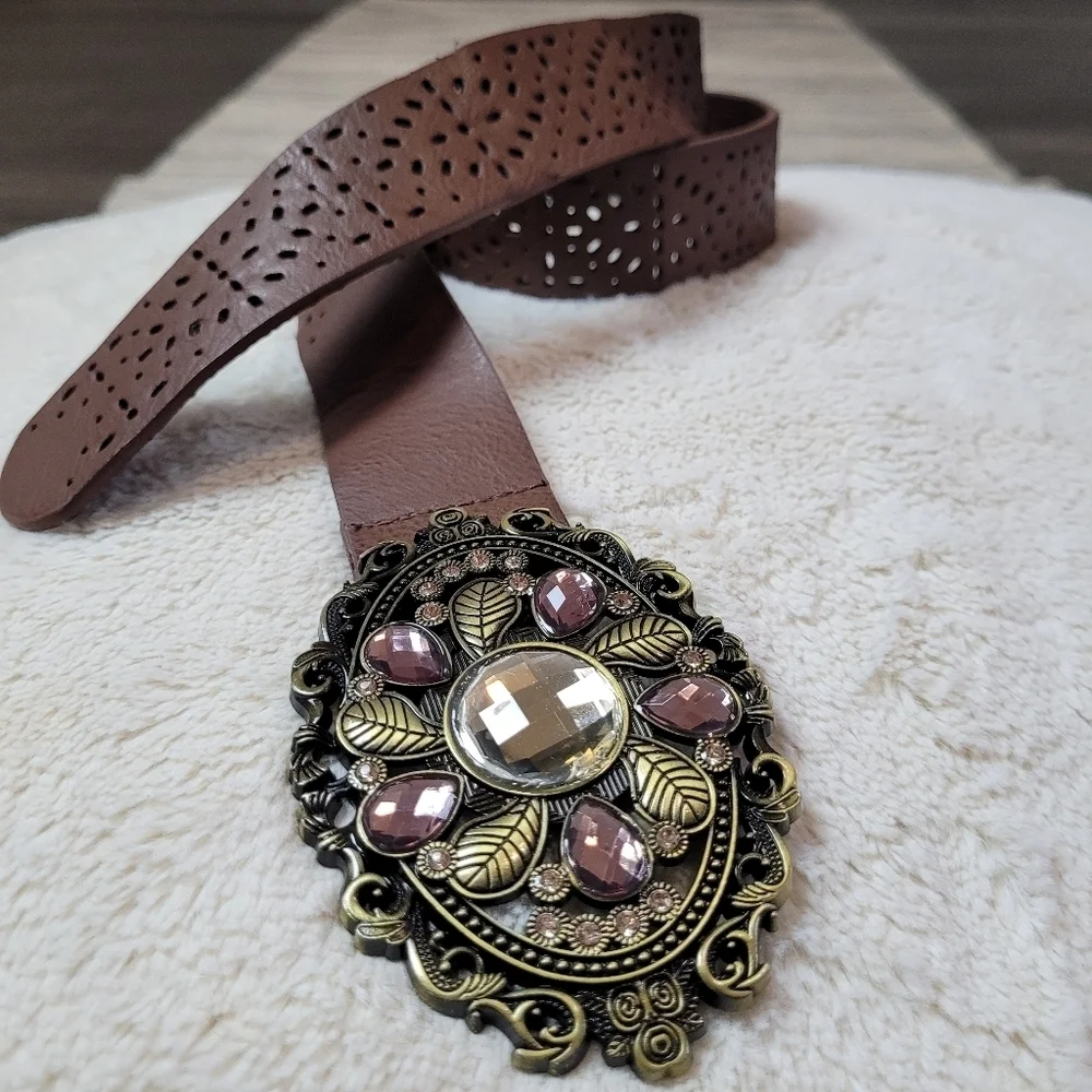 Vintage style brass bejeweled belt